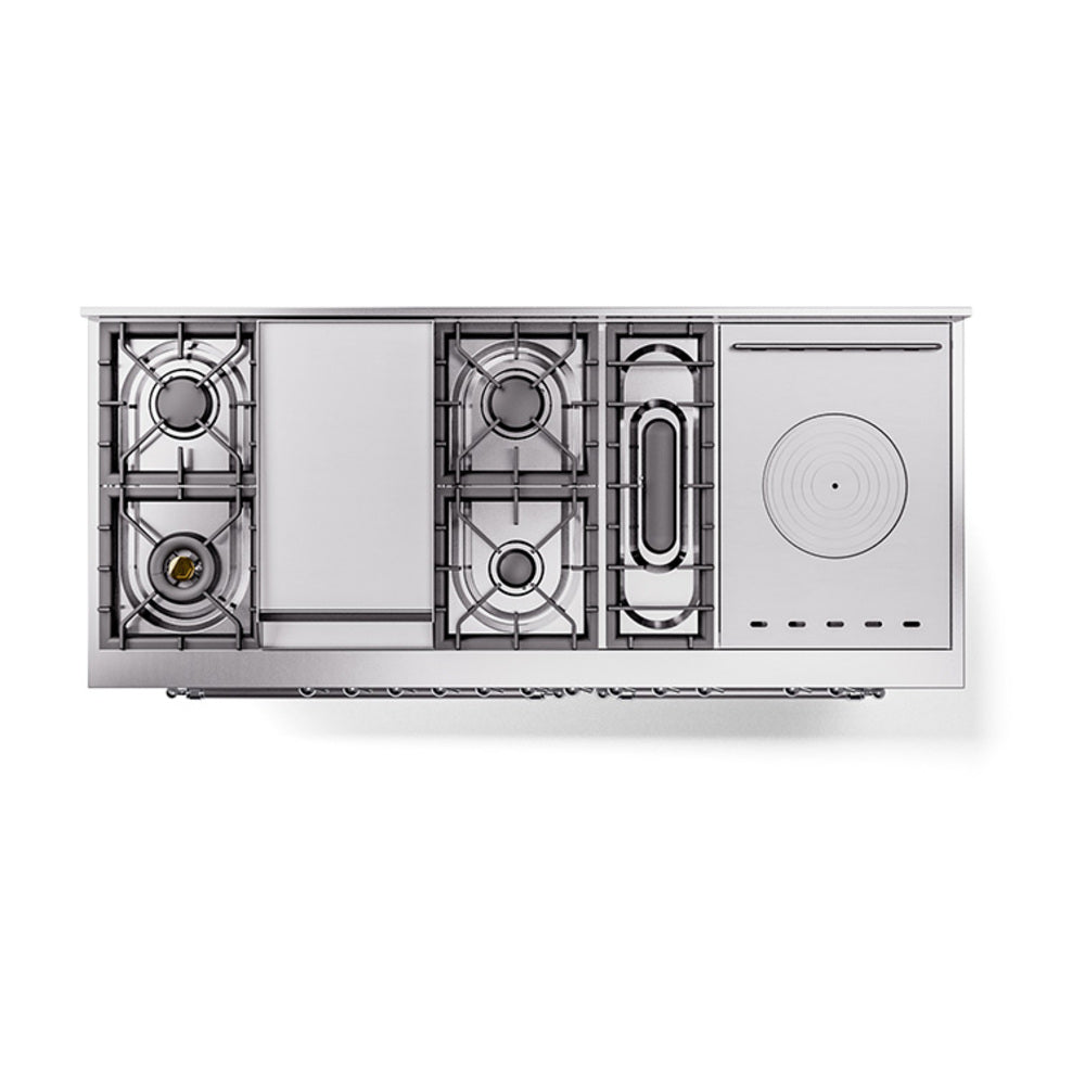 ILVE 60-Inch Nostalgie II Noblesse Propane Gas Dual Fuel Range with 7 Sealed Burners, Gridlde, French Top, and Solid Door Oven in RAL with Chrome Trim (UN60FSQNMPRACLP)