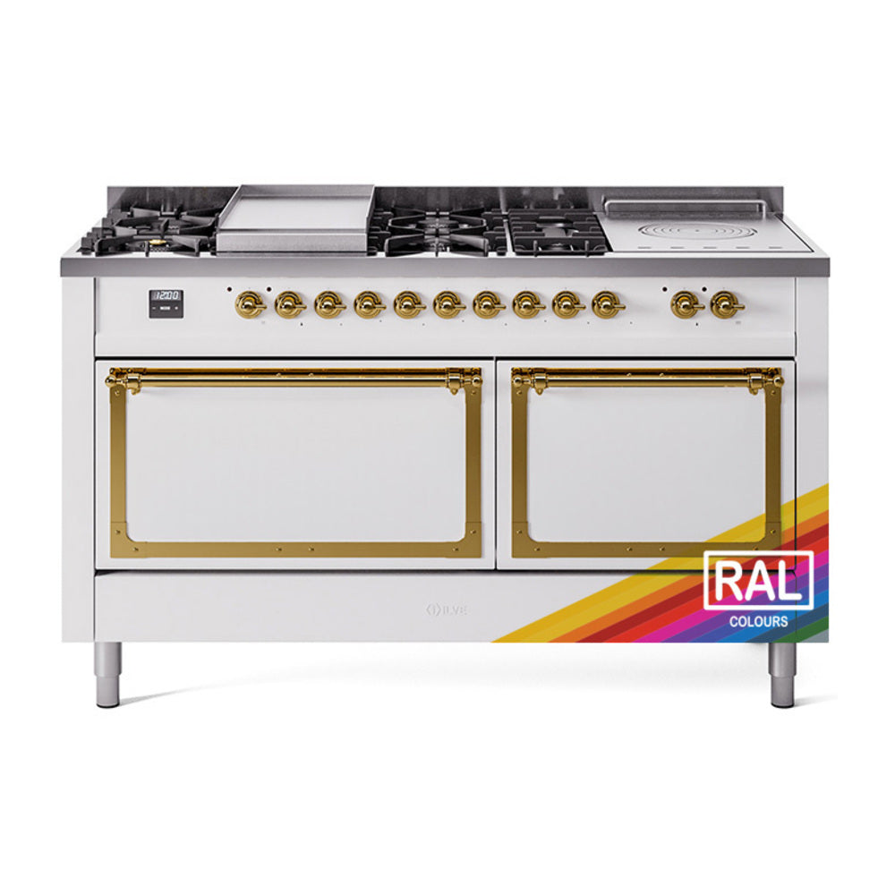 ILVE 60-Inch Nostalgie II Noblesse Propane Gas Dual Fuel Range with 7 Sealed Burners, Gridlde, French Top, and Solid Door Oven in RAL with Brass Trim (UN60FSQNMPRAGLP)