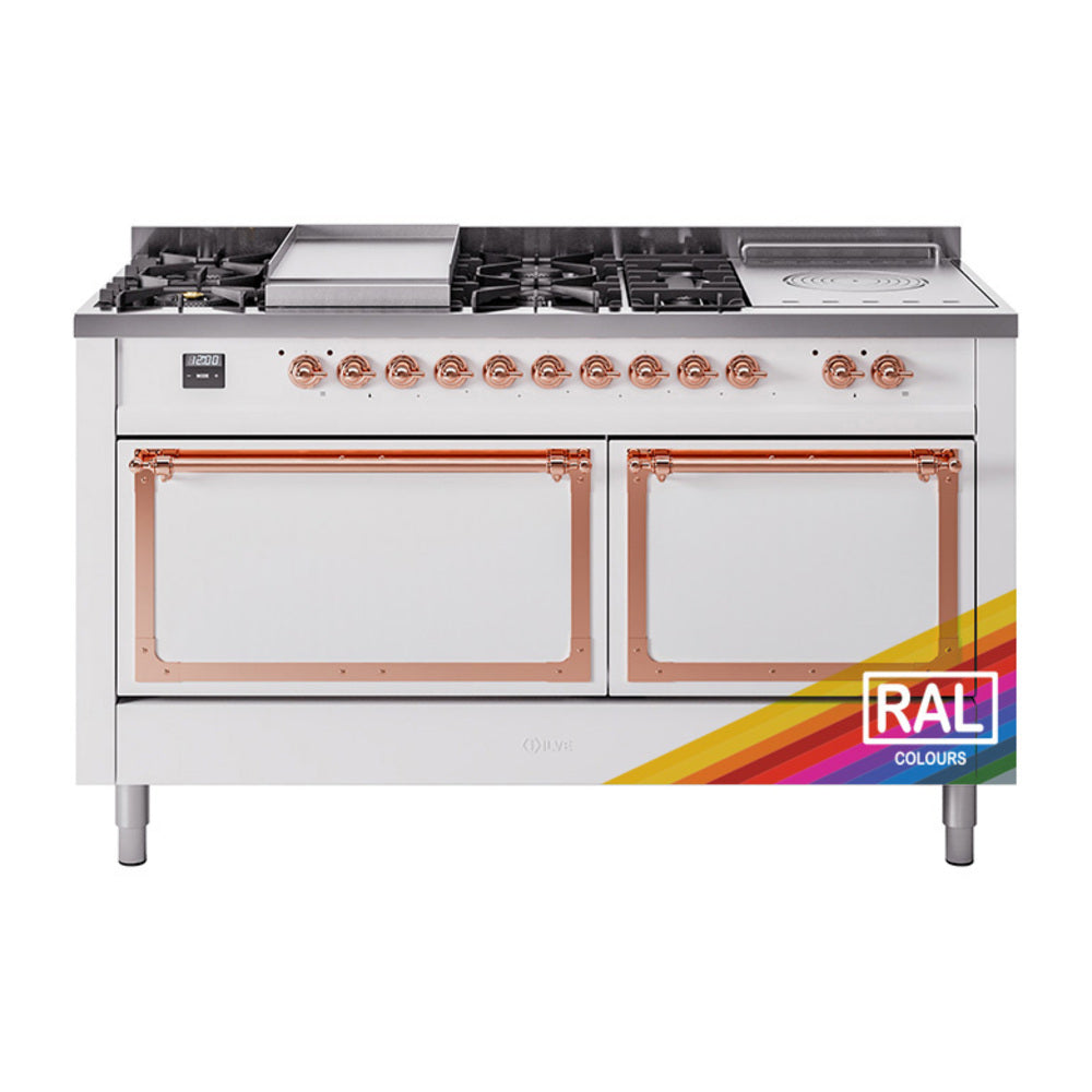 ILVE 60-Inch Nostalgie II Noblesse Propane Gas Dual Fuel Range with 7 Sealed Burners, Gridlde, French Top, and Solid Door Oven in Custom RAL with Copper Trim (UN60FSQNMPRAPLP)