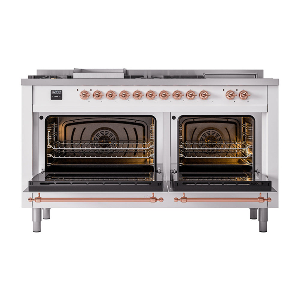 ILVE 60-Inch Nostalgie II Noblesse Propane Gas Dual Fuel Range with 7 Sealed Burners, Gridlde, French Top, and Solid Door Oven in Custom RAL with Copper Trim (UN60FSQNMPRAPLP)