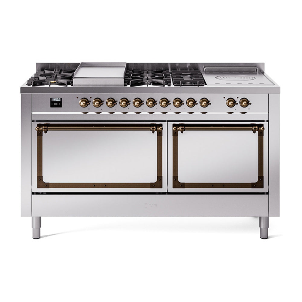 ILVE 60-Inch Nostalgie II Noblesse Propane Gas Dual Fuel Range with 7 Sealed Burners, Griddle, French Top, and Solid Door Oven in Stainless Steel with Bronze Trim (UN60FSQNMPSSBLP)