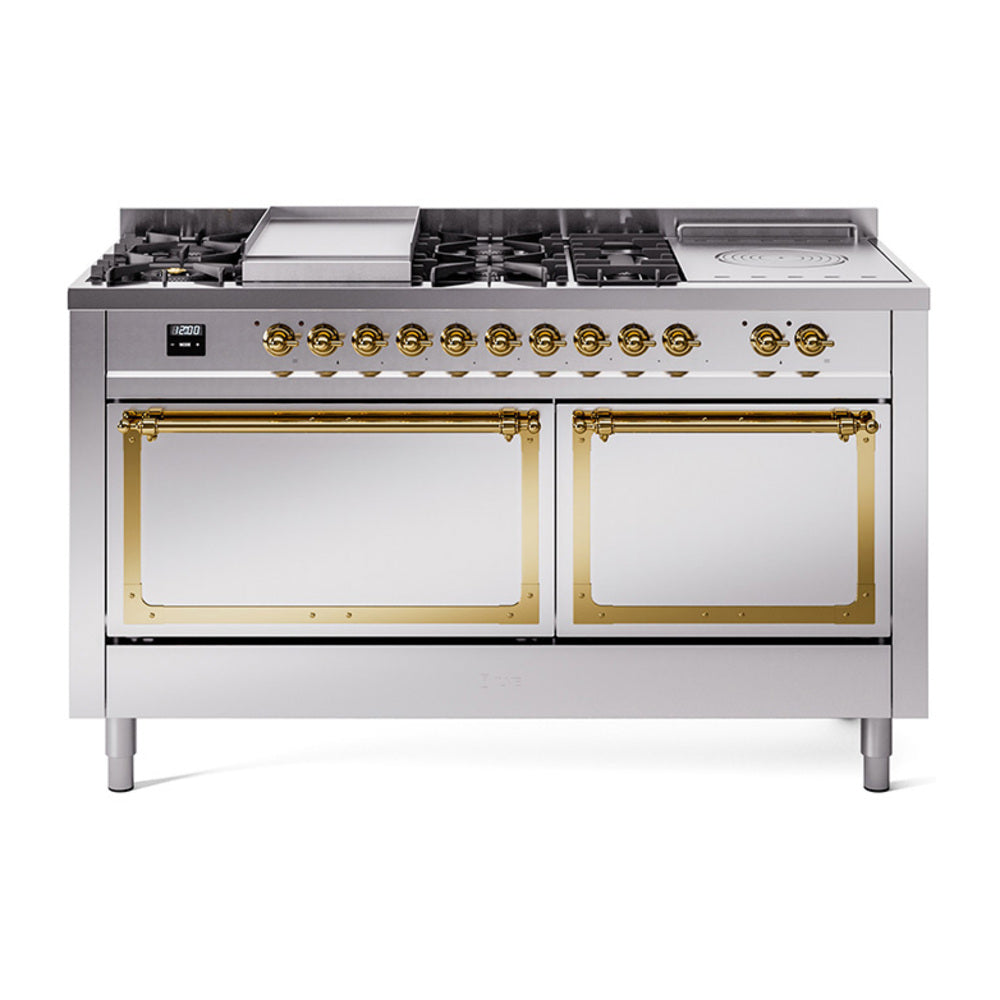 ILVE 60-Inch Nostalgie II Noblesse Propane Gas Dual Fuel Range with 7 Sealed Burners, Gridlde, French Top, and Solid Door Oven in Stainless Steel with Brass Trim (UN60FSQNMPSSGLP)