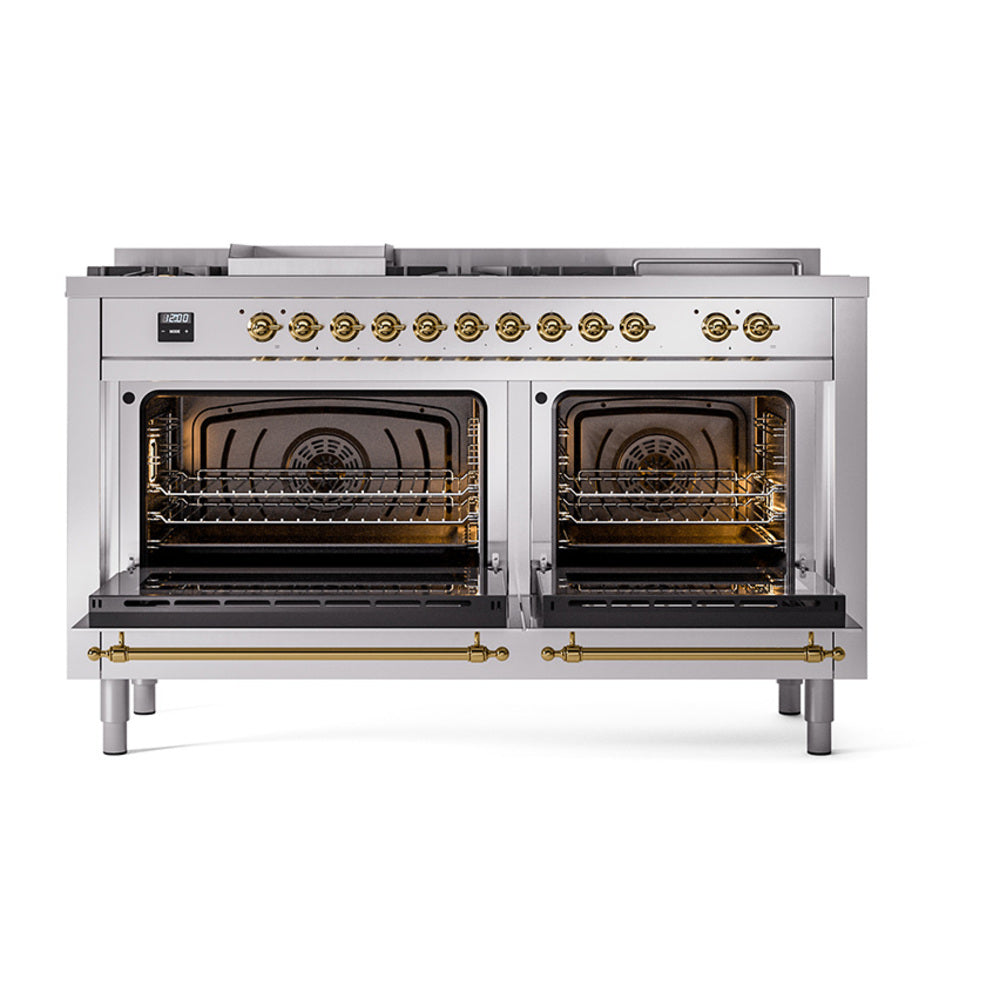 ILVE 60-Inch Nostalgie II Noblesse Natural Gas Dual Fuel Range with 7 Sealed Burners, Gridlde, French Top, and Solid Door Oven in Stainless Steel with Brass Trim (UN60FSQNMPSSG)