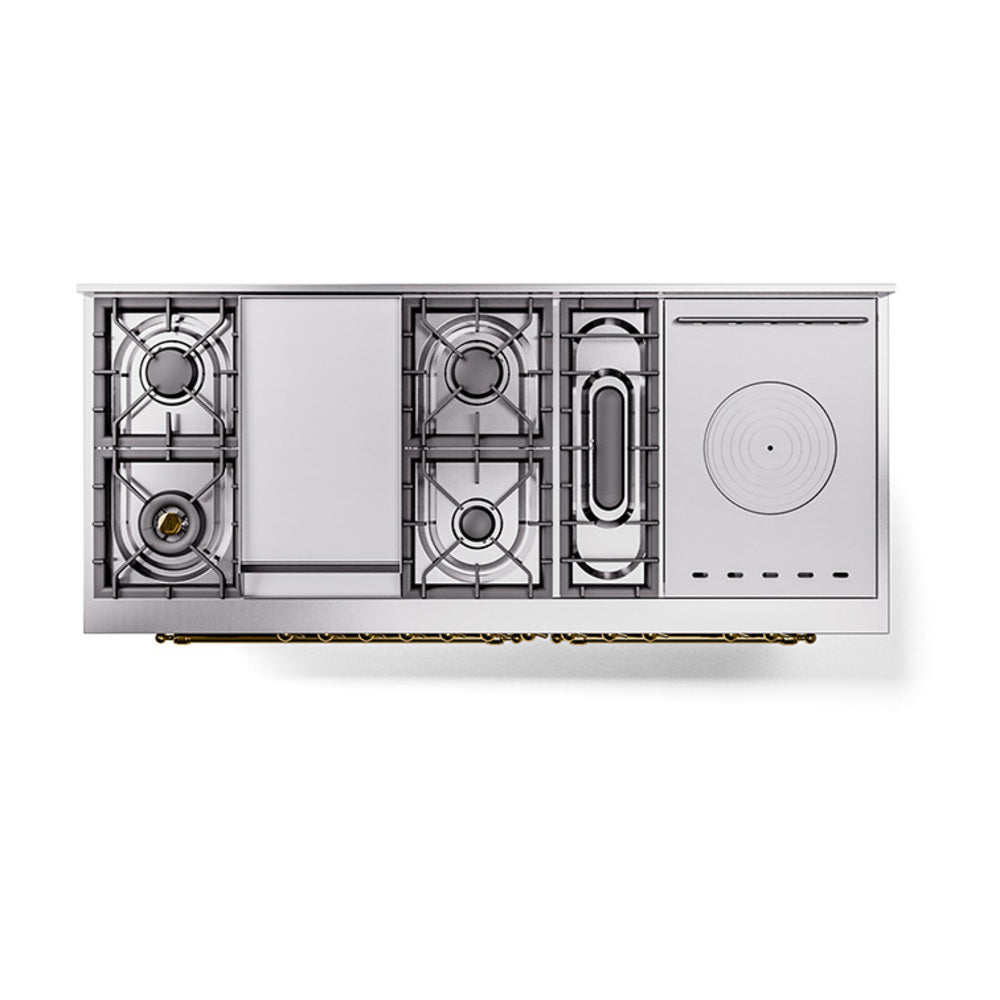 ILVE 60-Inch Nostalgie II Noblesse Natural Gas Dual Fuel Range with 7 Sealed Burners, Gridlde, French Top, and Solid Door Oven in Stainless Steel with Brass Trim (UN60FSQNMPSSG)