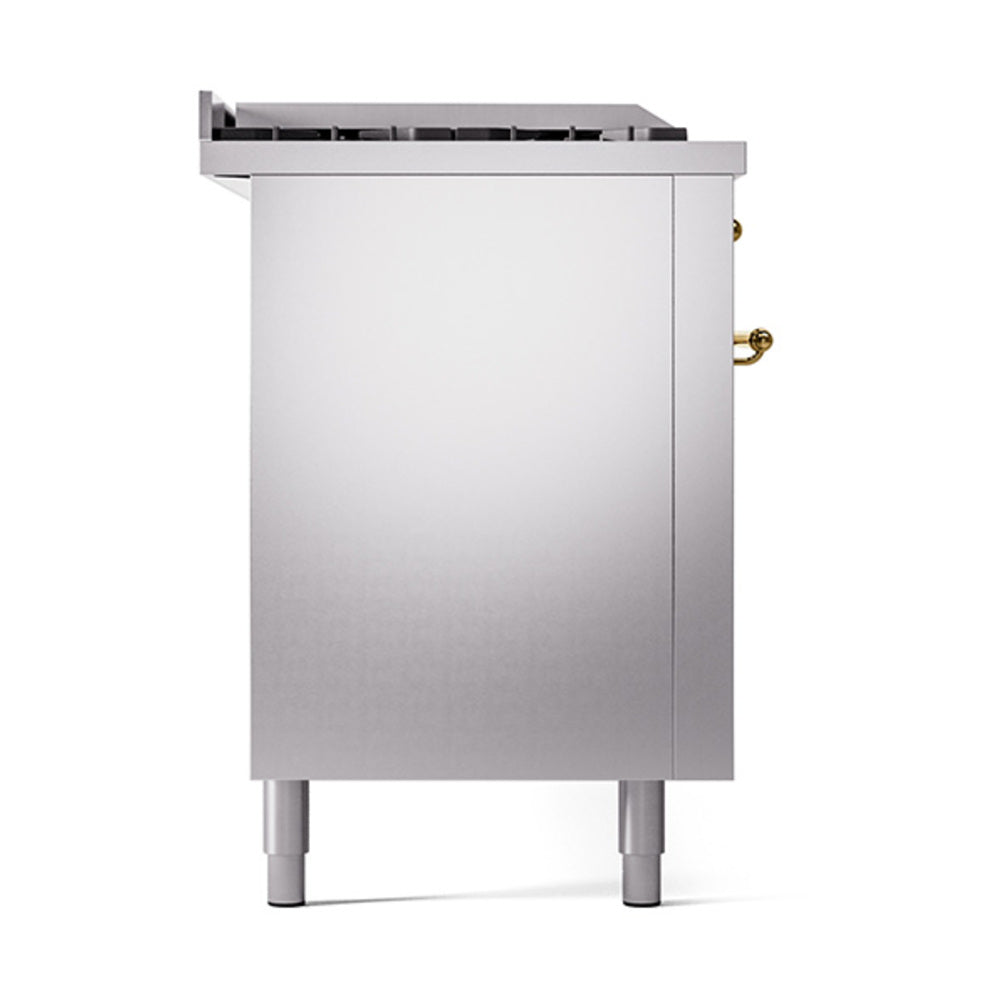ILVE 60-Inch Nostalgie II Noblesse Natural Gas Dual Fuel Range with 7 Sealed Burners, Gridlde, French Top, and Solid Door Oven in Stainless Steel with Brass Trim (UN60FSQNMPSSG)