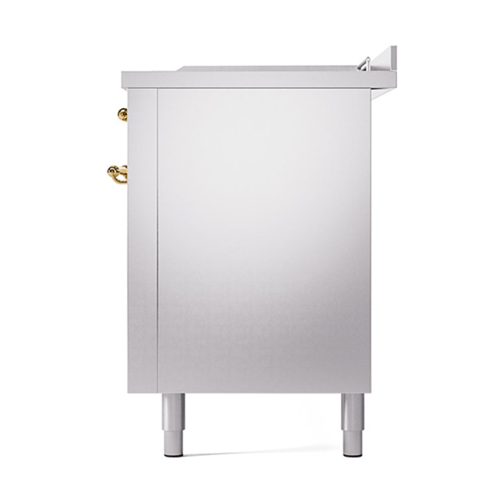 ILVE 60-Inch Nostalgie II Noblesse Natural Gas Dual Fuel Range with 7 Sealed Burners, Gridlde, French Top, and Solid Door Oven in Stainless Steel with Brass Trim (UN60FSQNMPSSG)