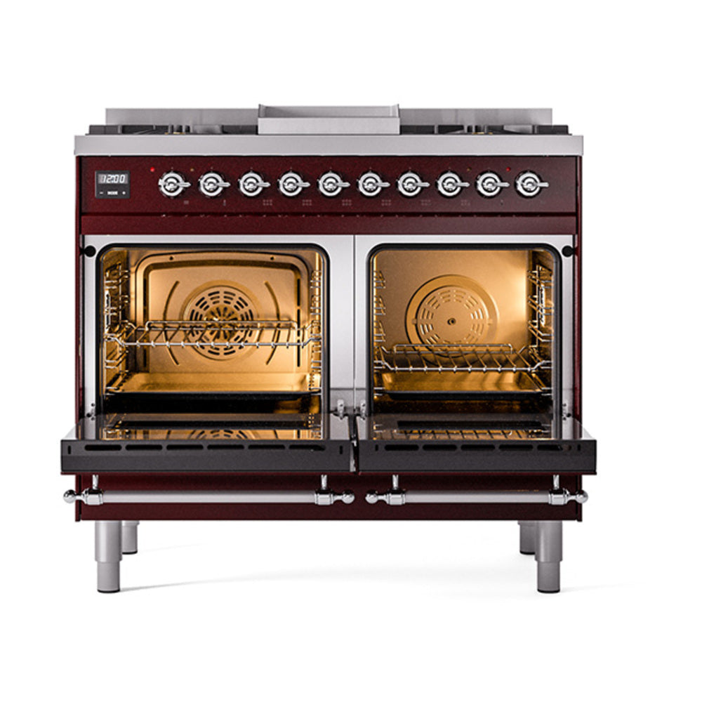 ILVE 40-Inch Nostalgie II Noblesse Propane Gas Dual Fuel Range with Triple Glass Door Oven in Burgundy with Chrome Trim (UND40FNMPBUCLP)