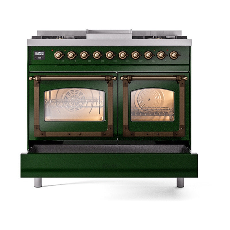 ILVE 40-Inch Nostalgie II Noblesse Propane Gas Dual Fuel Range with Triple Glass Door Oven in Emerald Green with Bronze Trim (UND40FNMPEGBLP)