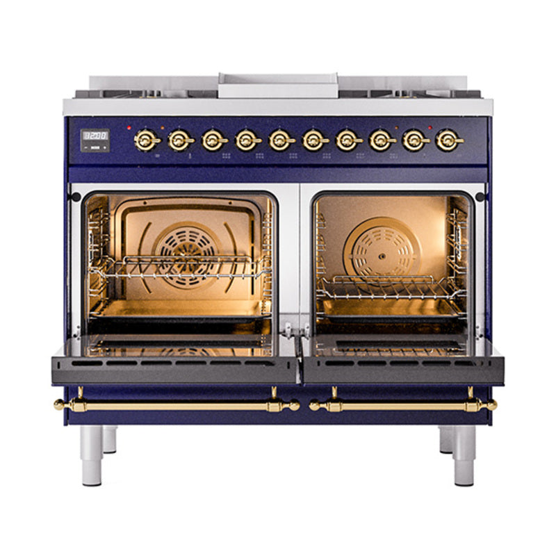 ILVE 40-Inch Nostalgie II Noblesse Propane Gas Dual Fuel Range with Triple Glass Door Oven in Midnight Blue with Brass Trim (UND40FNMPMBGLP)