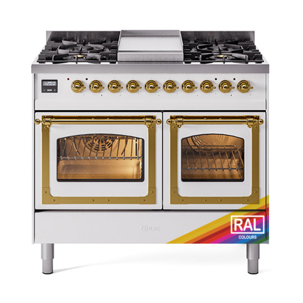 ILVE 40-Inch Nostalgie II Noblesse Propane Gas Dual Fuel Range with Triple Glass Door Oven in RAL with Brass Trim (UND40FNMPRAGLP)