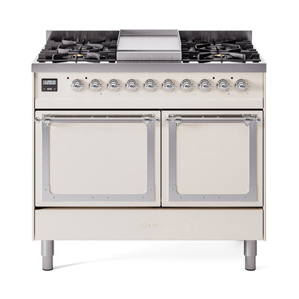 ILVE 40-Inch Nostalgie II Noblesse Natural Gas Dual Fuel Range with Solid Door Oven in Antique White with Chrome Trim (UND40FQNMPAWC)