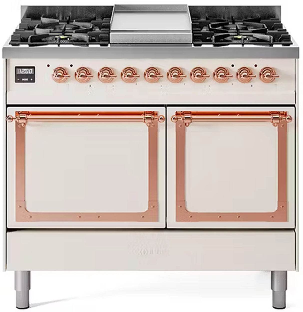ILVE 40-Inch Nostalgie II Noblesse Propane Gas Dual Fuel Range with Solid Door Oven in Antique White with Copper Trim (UND40FQNMPAWPLP)