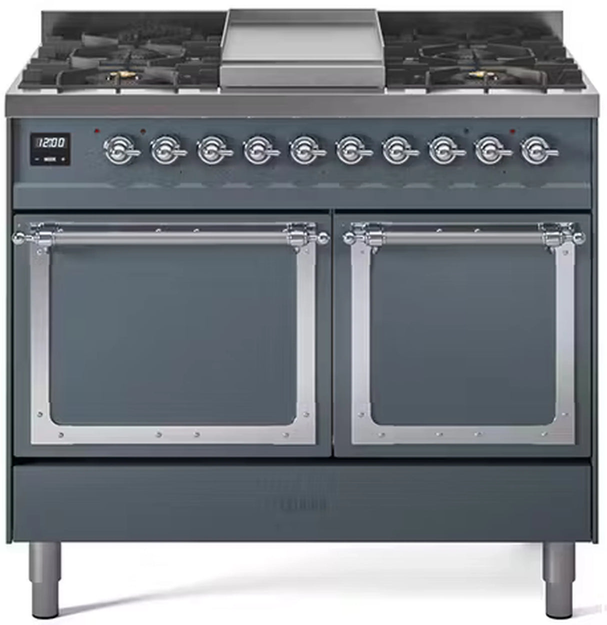 ILVE 40-Inch Nostalgie II Noblesse Propane Gas Dual Fuel Range with Solid Door Oven in Blue Grey with Chrome Trim (UND40FQNMPBGCLP)