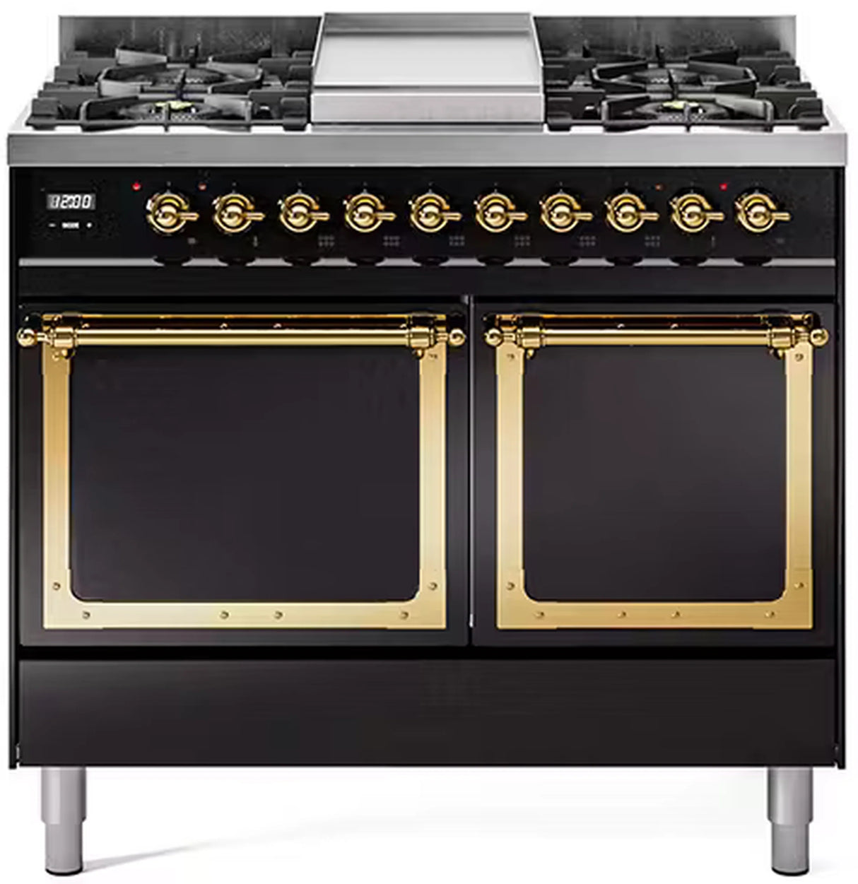 ILVE 40-Inch Nostalgie II Noblesse Propane Gas Dual Fuel Range with Solid Door Oven in Glossy Black with Brass Trim (UND40FQNMPBKGLP)
