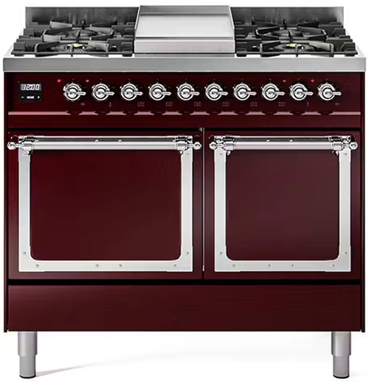 ILVE 40-Inch Nostalgie II Noblesse Natural Gas Dual Fuel Range with Solid Door Oven in Burgundy with Chrome Trim (UND40FQNMPBUC)