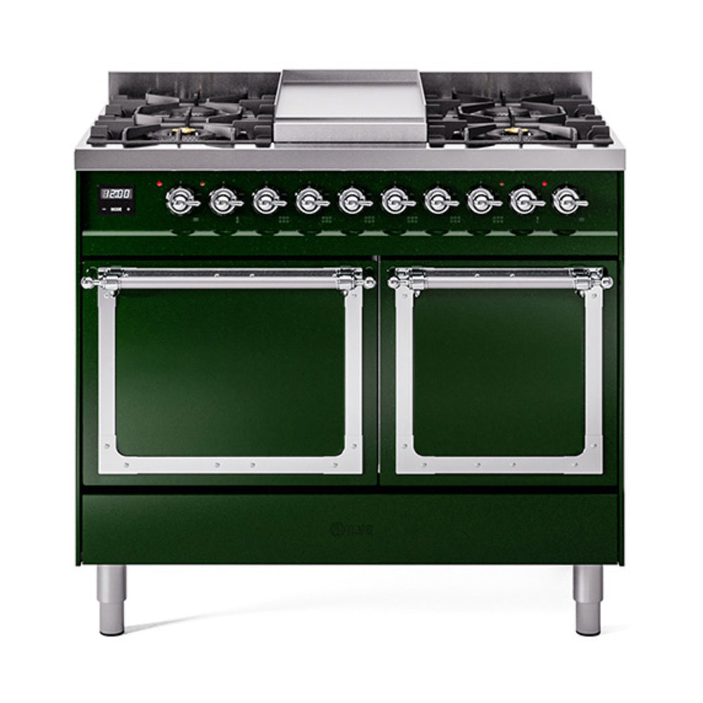 ILVE 40-Inch Nostalgie II Noblesse Propane Gas Dual Fuel Range with Solid Door Oven in Emerald Green with Chrome Trim (UND40FQNMPEGCLP)