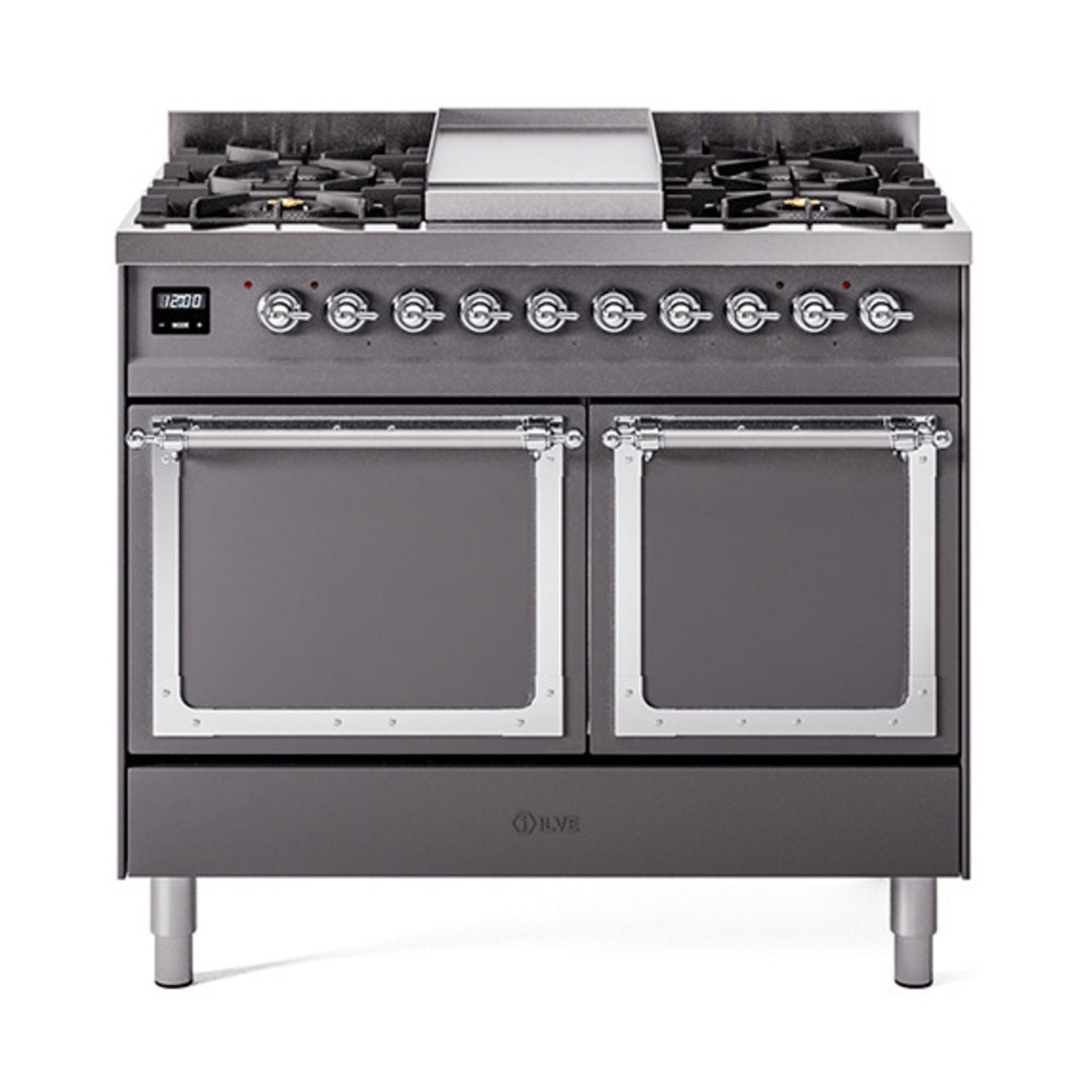 ILVE 40-Inch Nostalgie II Noblesse Natural Gas Dual Fuel Range with Solid Door Oven in Matte Graphite with Chrome Trim (UND40FQNMPMGC)