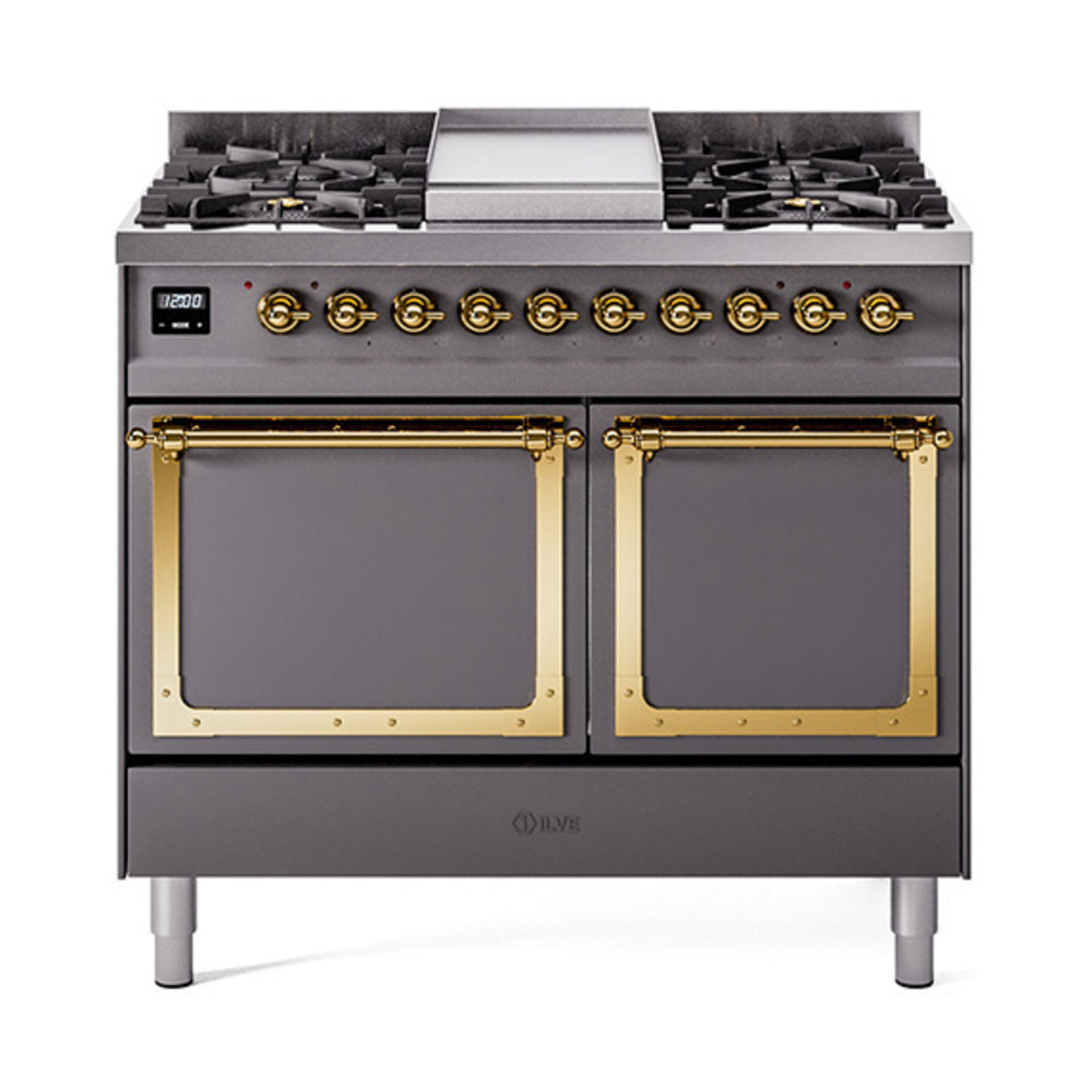 ILVE 40-Inch Nostalgie II Noblesse Propane Gas Dual Fuel Range with Solid Door Oven in Matte Graphite with Brass Trim (UND40FQNMPMGGLP)