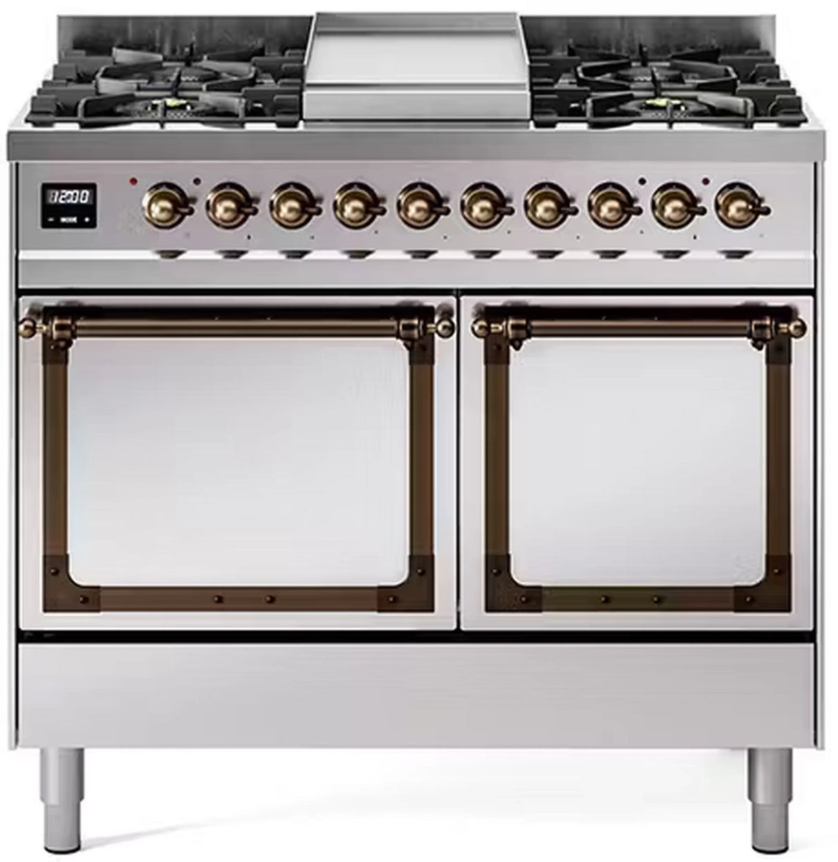 ILVE 40-Inch Nostalgie II Noblesse Propane Gas Dual Fuel Range with Solid Door Oven in Stainless Steel with Bronze Trim (UND40FQNMPSSBLP)
