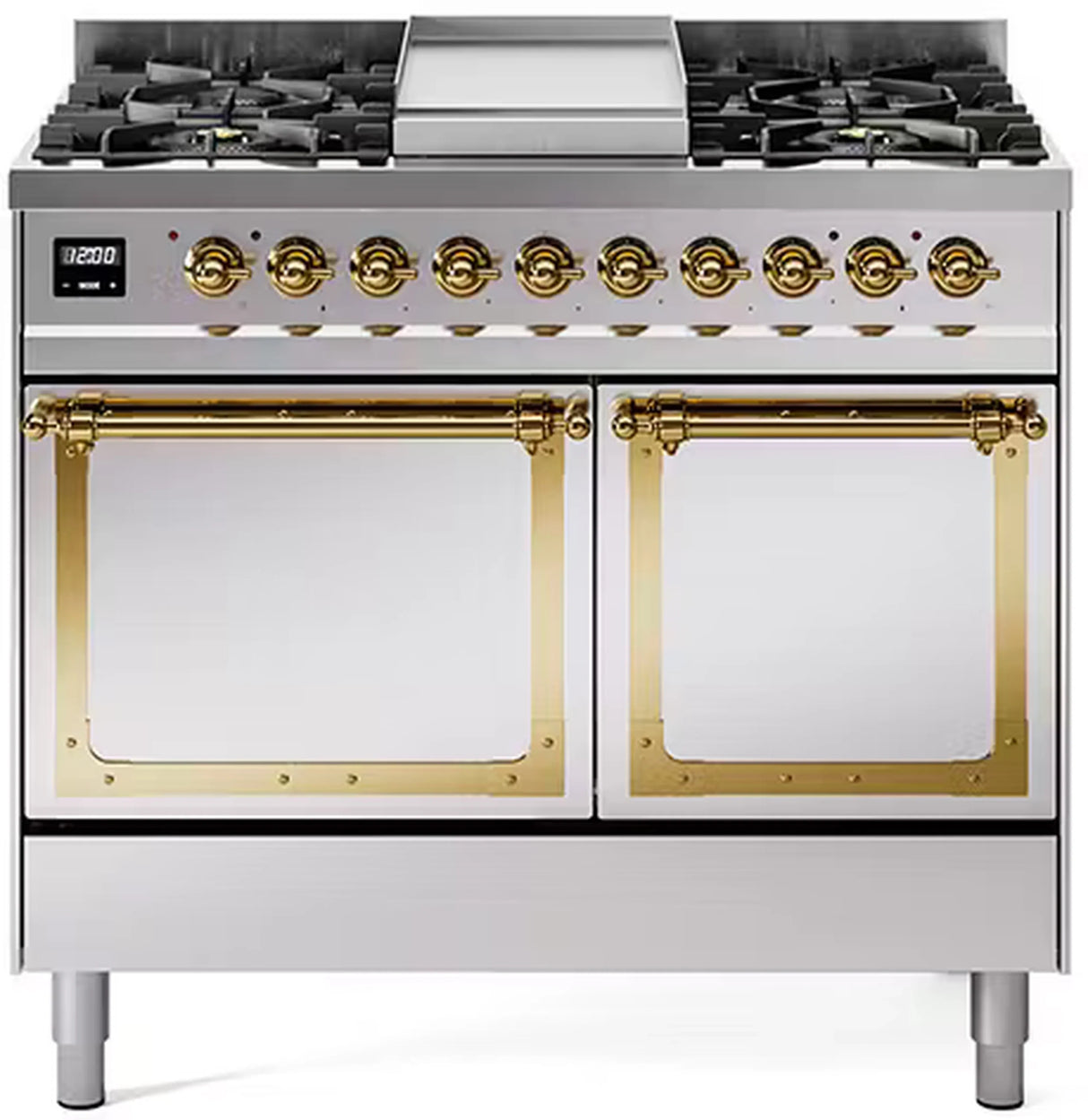 ILVE 40-Inch Nostalgie II Noblesse Propane Gas Dual Fuel Range with Solid Door Oven in Stainless Steel with Brass Trim (UND40FQNMPSSGLP)