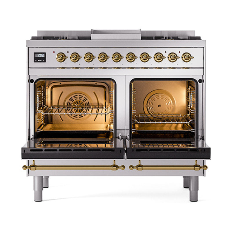ILVE 40-Inch Nostalgie II Noblesse Propane Gas Dual Fuel Range with Solid Door Oven in Stainless Steel with Brass Trim (UND40FQNMPSSGLP)
