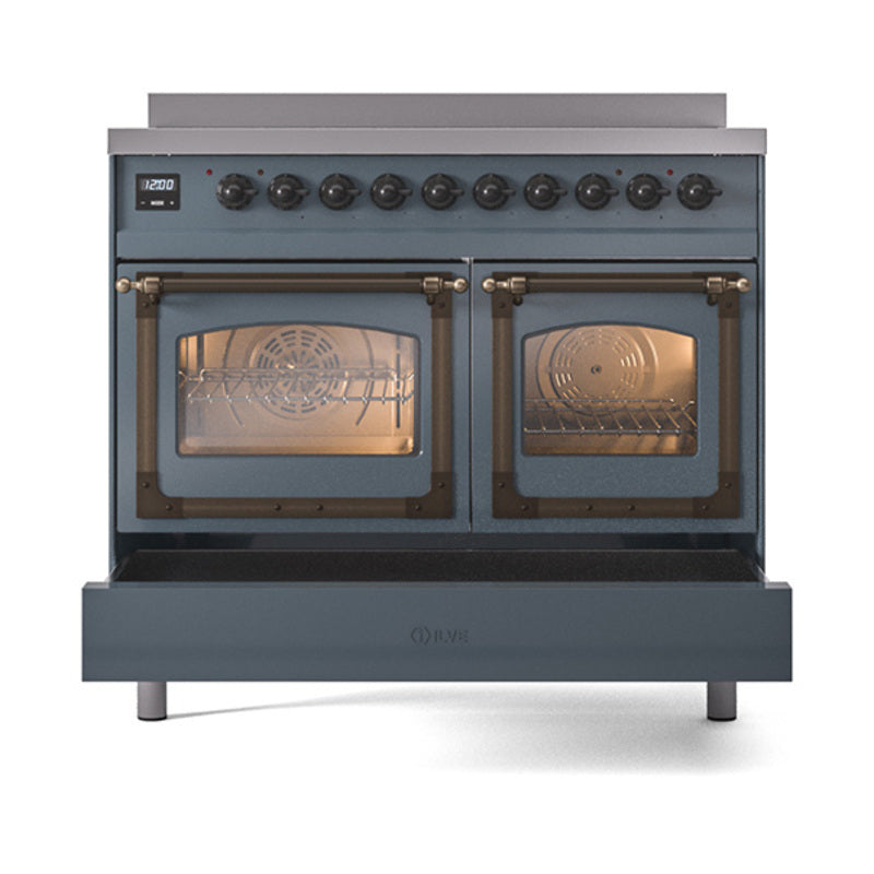 ILVE 40-Inch Nostalgie II Noblesse Induction Range with Triple Glass Door in Blue Grey with Bronze Trim (UNDI406NMPBGB)