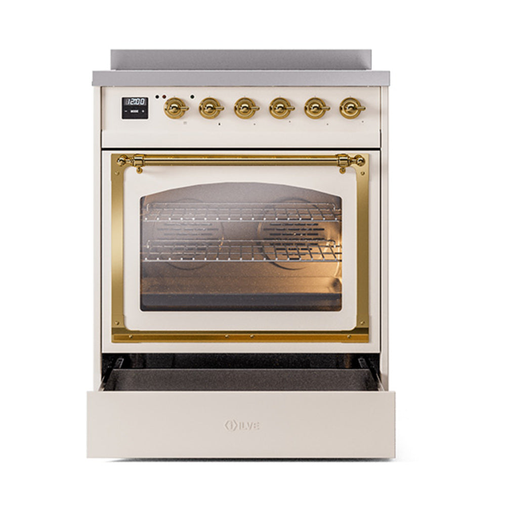 ILVE Nostalgie II Noblesse 30-Inch Induction Range with Triple Glass Door in Antique White with Brass Trim (UNI304NMPAWG)