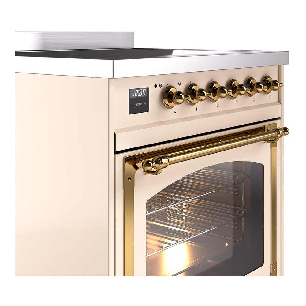 ILVE Nostalgie II Noblesse 30-Inch Induction Range with Triple Glass Door in Antique White with Brass Trim (UNI304NMPAWG)