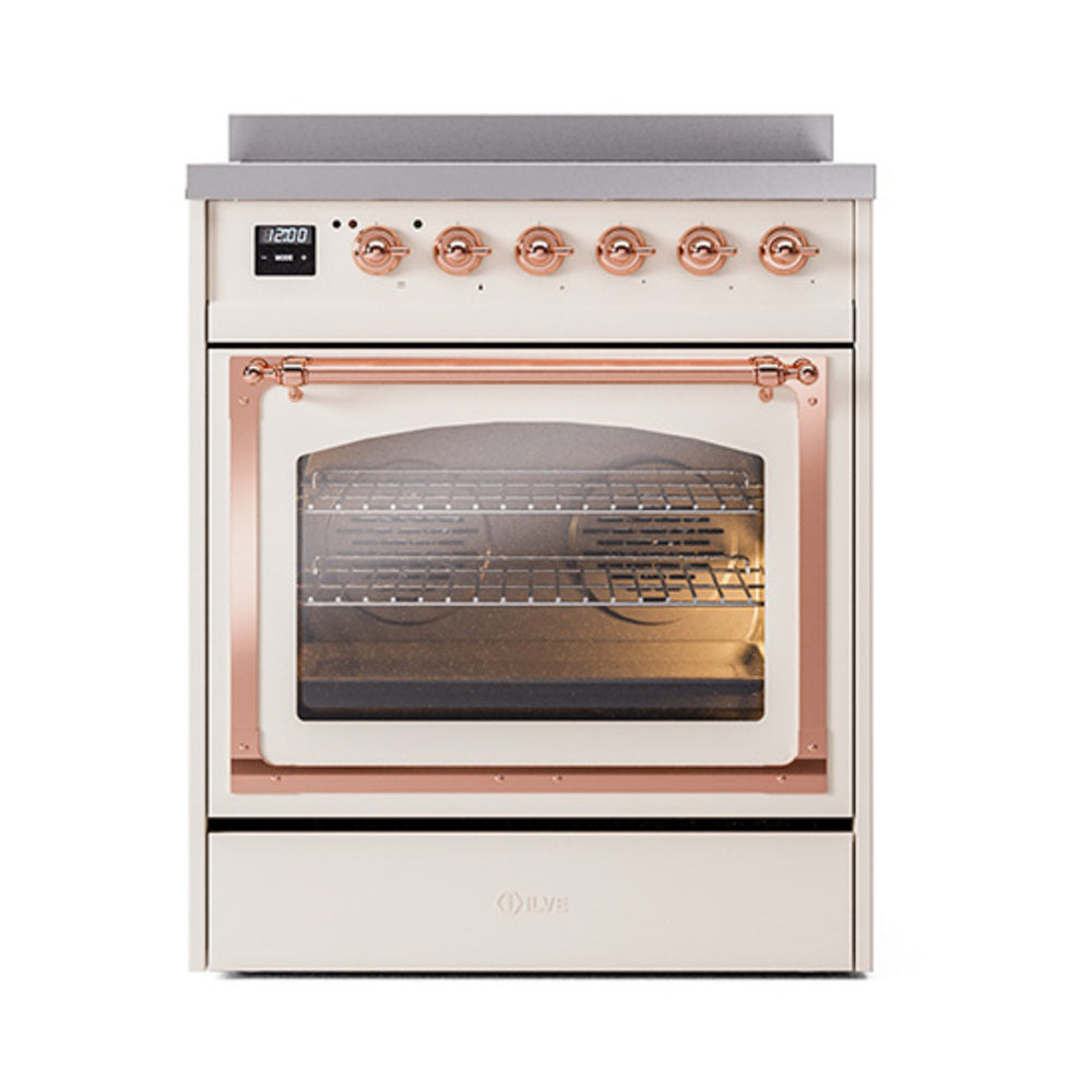 ILVE Nostalgie II Noblesse 30-Inch Induction Range with Triple Glass Door in Antique White with Copper Trim (UNI304NMPAWP)