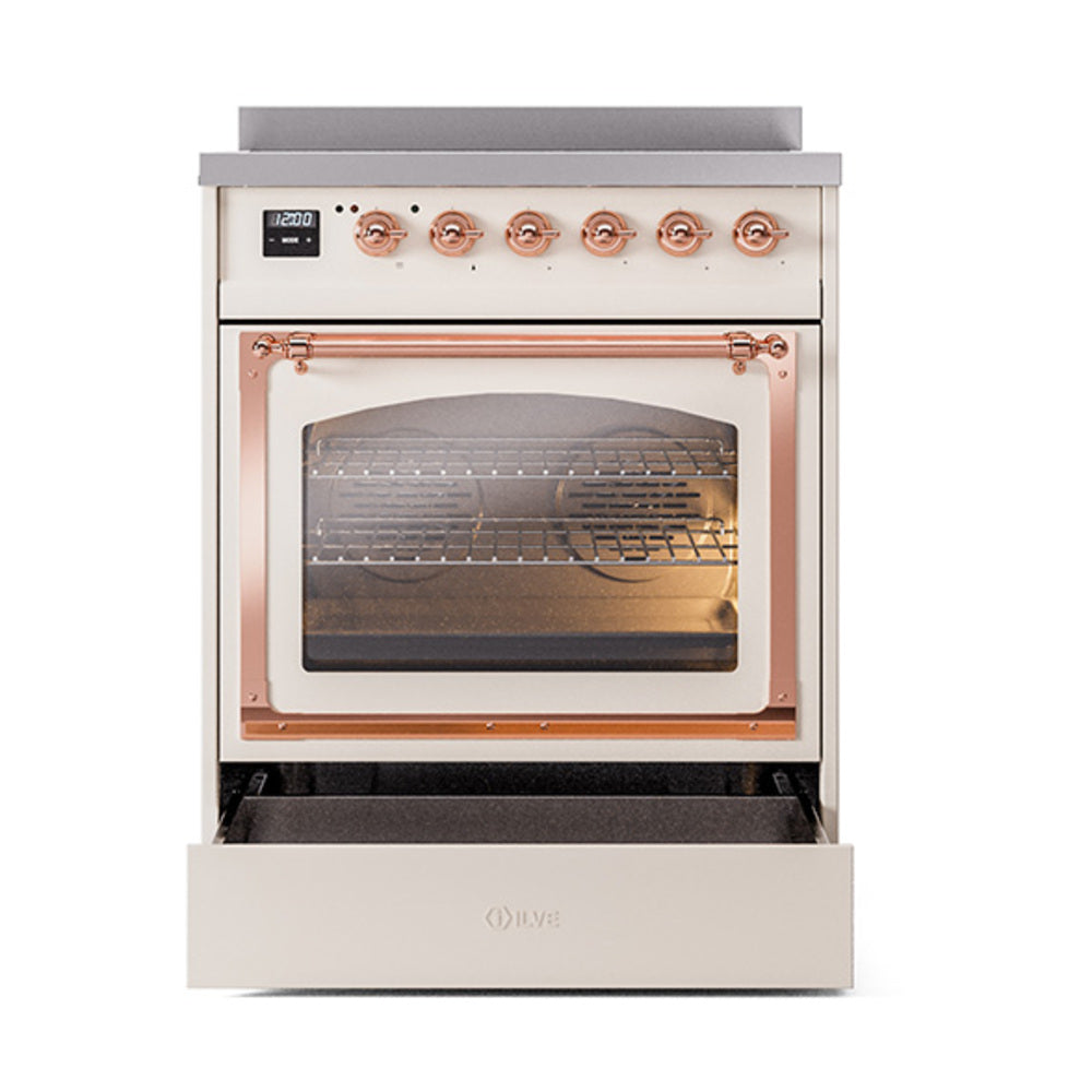 ILVE Nostalgie II Noblesse 30-Inch Induction Range with Triple Glass Door in Antique White with Copper Trim (UNI304NMPAWP)