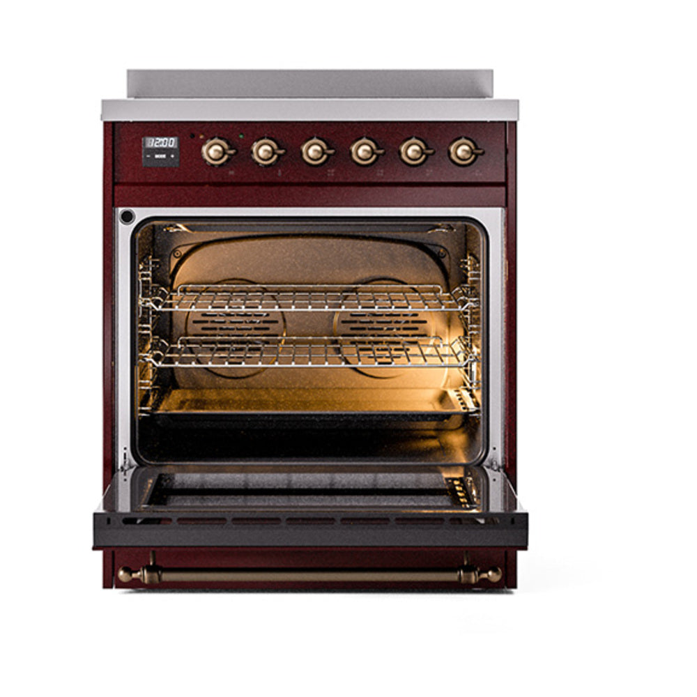 ILVE Nostalgie II Noblesse 30-Inch Induction Range with Triple Glass Door in Burgundy with Bronze Trim (UNI304NMPBUB)