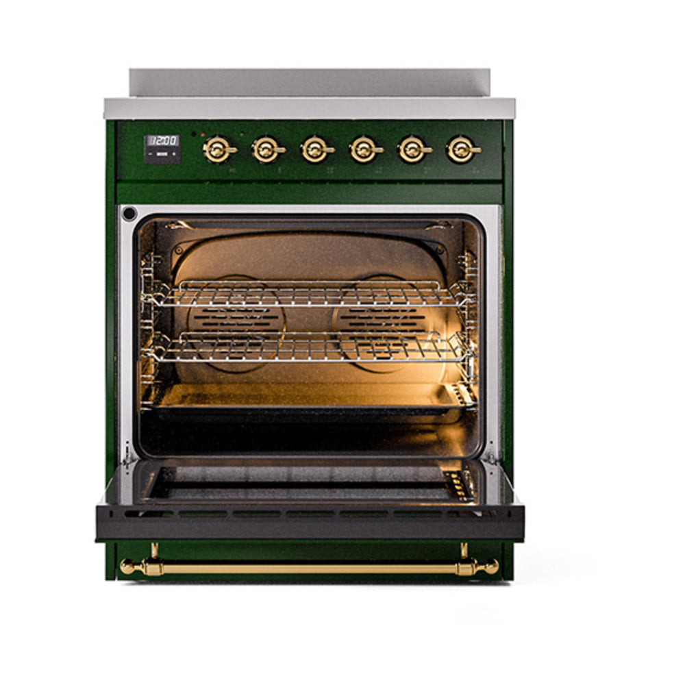ILVE Nostalgie II Noblesse 30-Inch Induction Range with Triple Glass Door in Emerald Green with Brass Trim (UNI304NMPEGG)