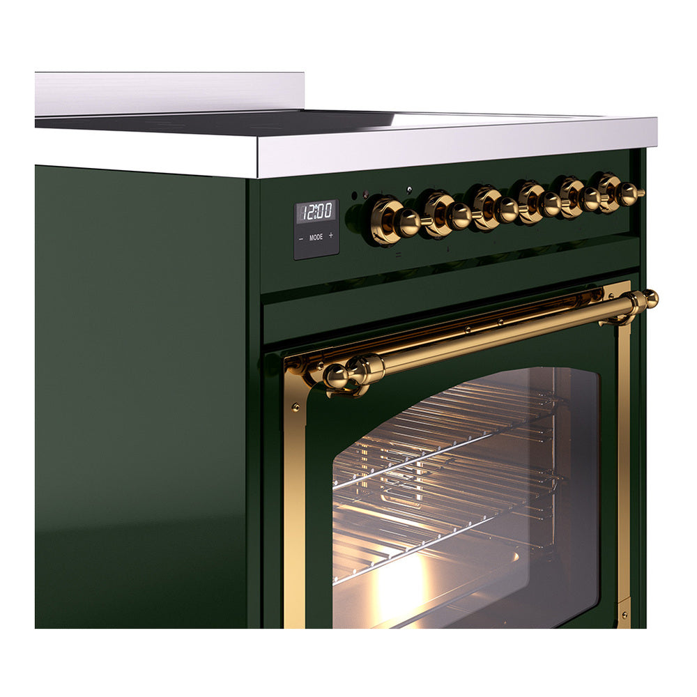 ILVE Nostalgie II Noblesse 30-Inch Induction Range with Triple Glass Door in Emerald Green with Brass Trim (UNI304NMPEGG)