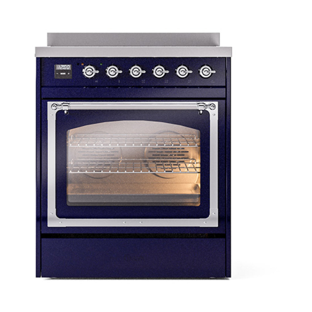 ILVE Nostalgie II Noblesse 30-Inch Induction Range with Triple Glass Door in Midnight Blue with Chrome Trim (UNI304NMPMBC)