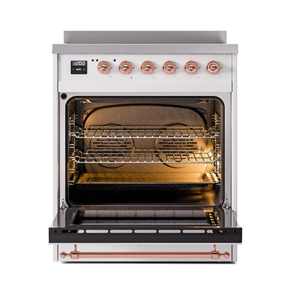 ILVE 30-Inch Nostalgie II Noblesse Induction Range with Solid Door Oven in White with Copper Trim (UNI304QNMPWHP)