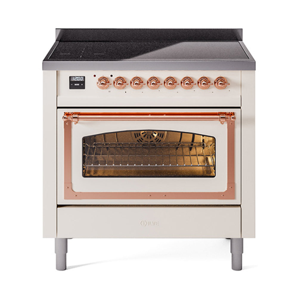 ILVE Nostalgie II Noblesse 36-Inch Induction Range with Triple Glass Door in Antique White with Copper Trim (UNI366NMPAWP)
