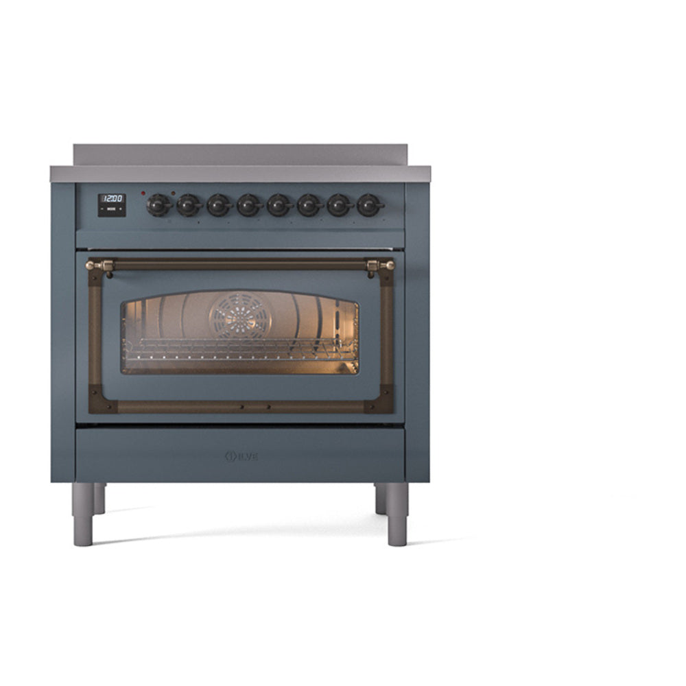 ILVE Nostalgie II Noblesse 36-Inch Induction Range with Triple Glass Door in Blue Grey with Bronze Trim (UNI366NMPBGB)