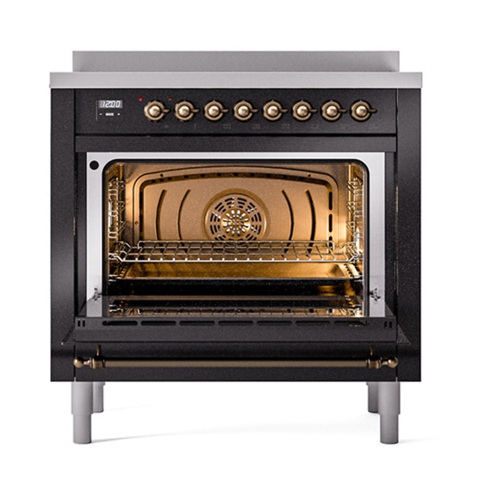 ILVE Nostalgie II Noblesse 36-Inch Induction Range with Triple Glass Door in Glossy Black with Bronze Trim (UNI366NMPBKB)