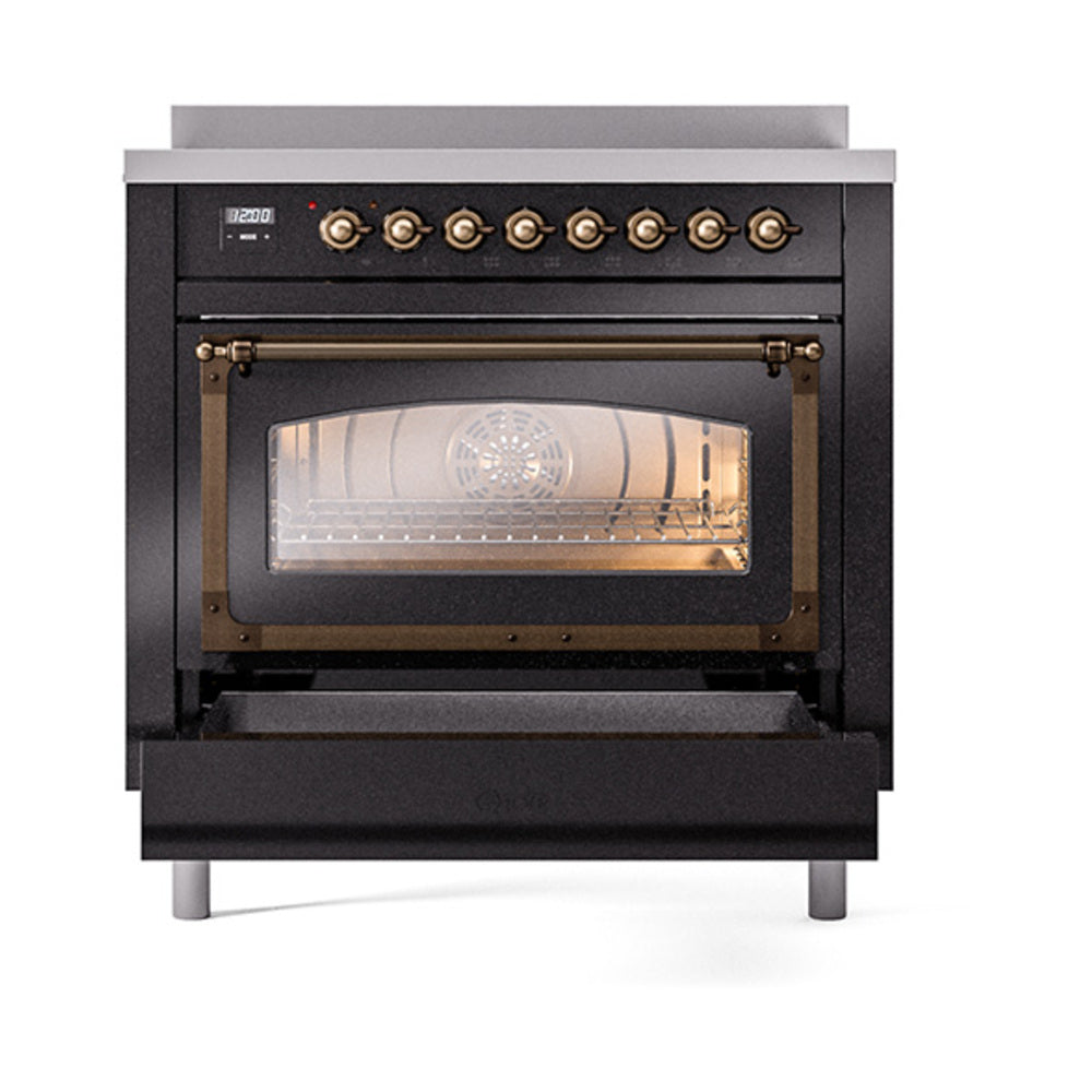 ILVE Nostalgie II Noblesse 36-Inch Induction Range with Triple Glass Door in Glossy Black with Bronze Trim (UNI366NMPBKB)