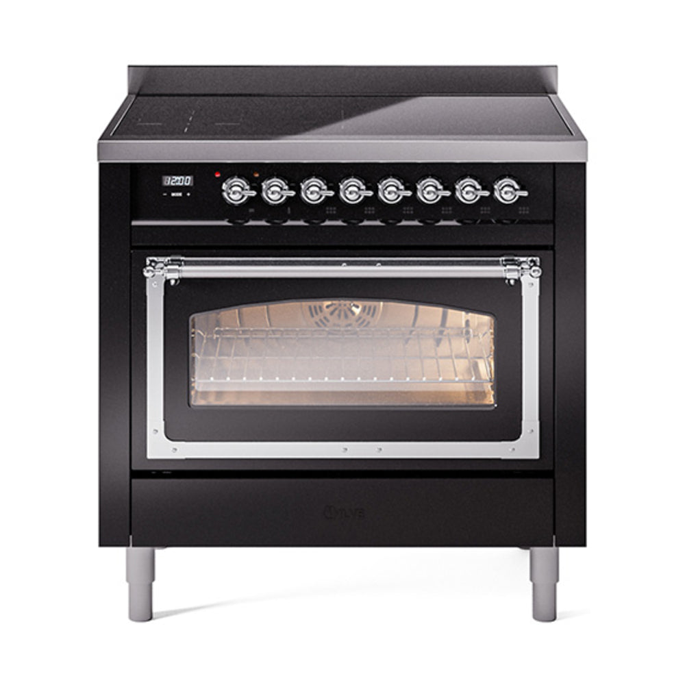 ILVE Nostalgie II Noblesse 36-Inch Induction Range with Triple Glass Door in Glossy Black with Chrome Trim (UNI366NMPBKC)
