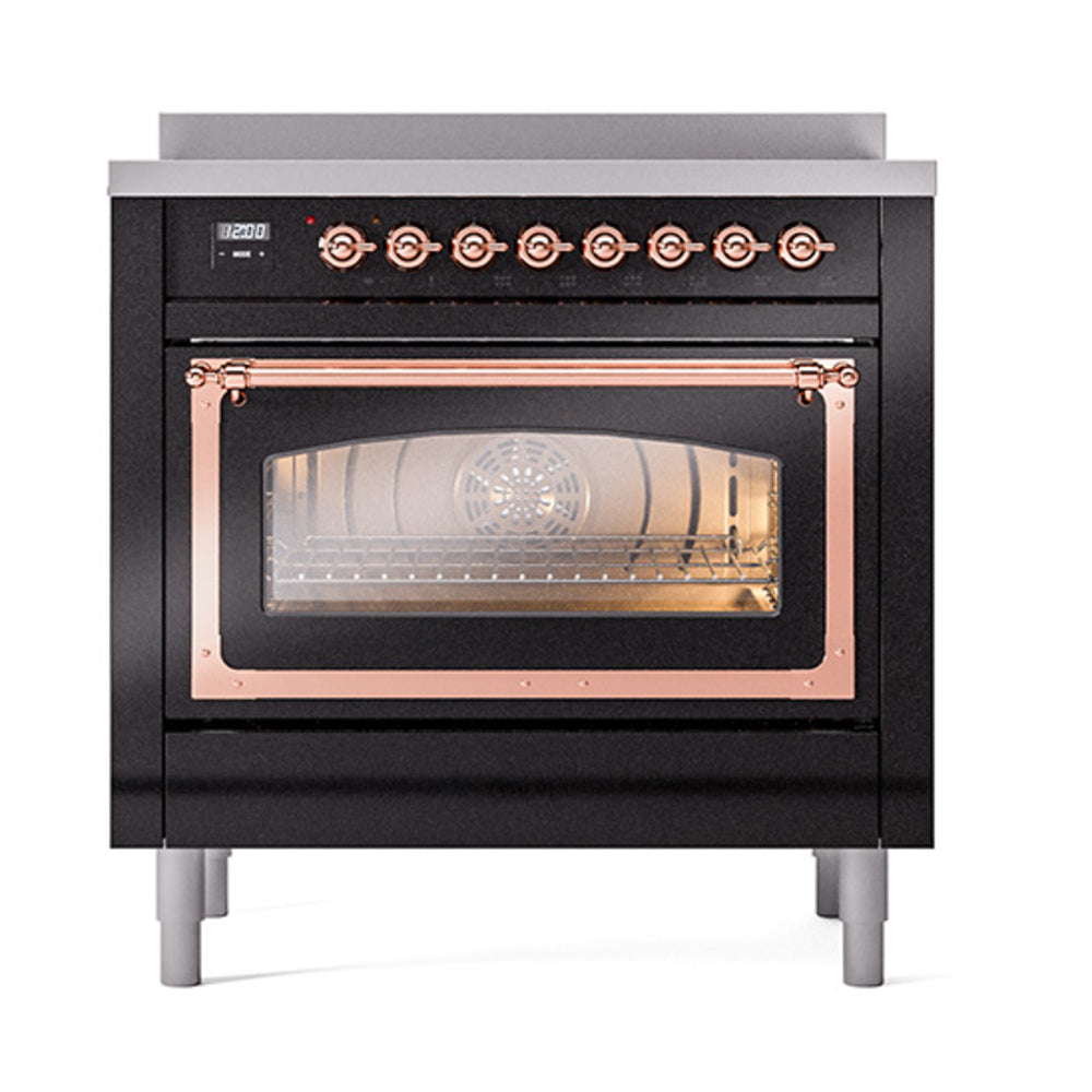 ILVE Nostalgie II Noblesse 36-Inch Induction Range with Triple Glass Door in Glossy Black with Copper Trim (UNI366NMPBKP)