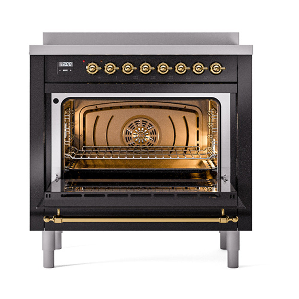 ILVE Nostalgie II Noblesse 36-Inch Induction Range with Solid Door in Glossy Black with Brass Trim (UNI366QNMPBKG)