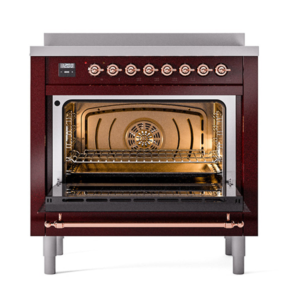ILVE Nostalgie II Noblesse 36-Inch Induction Range with Solid Door in Burgundy with Copper Trim (UNI366QNMPBUP)