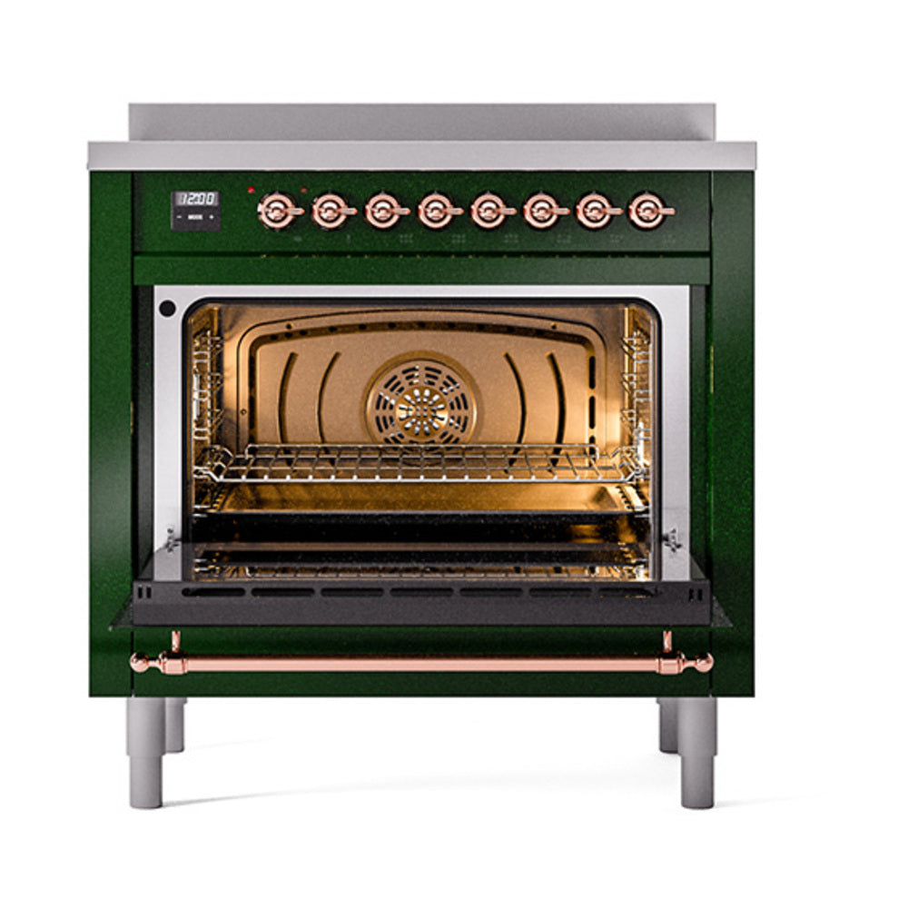 ILVE Nostalgie II Noblesse 36-Inch Induction Range with Solid Door in Emerald Green with Copper Trim (UNI366QNMPEGP)