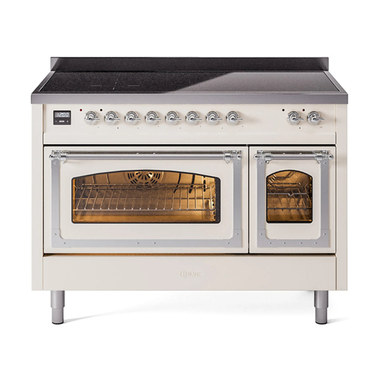 ILVE Nostalgie II Noblesse 48-Inch Induction Range with Triple Glass Door in Antique White with Chrome Trim (UNI486NMPAWC)