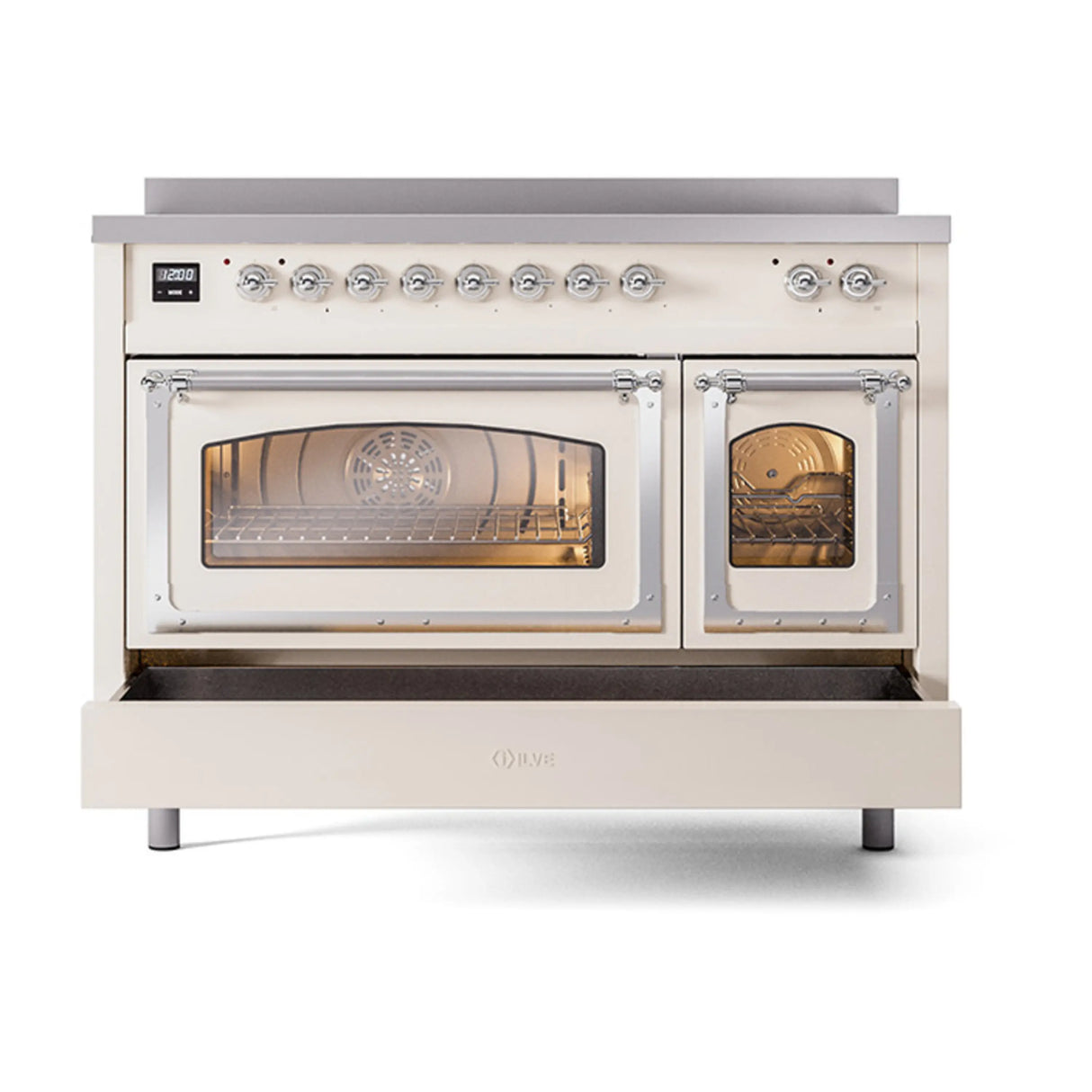 ILVE Nostalgie II Noblesse 48-Inch Induction Range with Triple Glass Door in Antique White with Chrome Trim (UNI486NMPAWC)