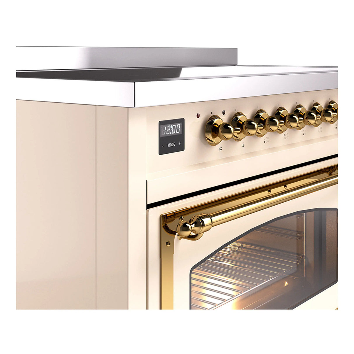 ILVE Nostalgie II Noblesse 48-Inch Induction Range with Triple Glass Door in Antique White with Brass Trim (UNI486NMPAWG)