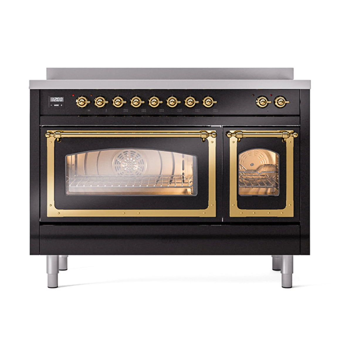 ILVE Nostalgie II Noblesse 48-Inch Induction Range with Triple Glass Door in Glossy Black with Brass Trim (UNI486NMPBKG)