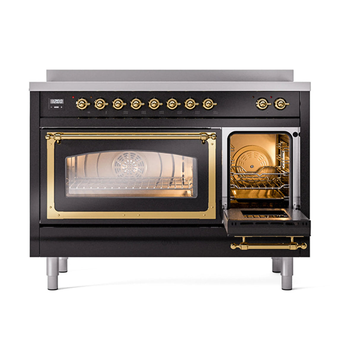ILVE Nostalgie II Noblesse 48-Inch Induction Range with Triple Glass Door in Glossy Black with Brass Trim (UNI486NMPBKG)