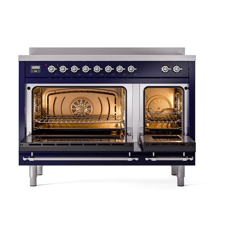 ILVE Nostalgie II Noblesse 48-Inch Induction Range with Solid Door Oven in Midnight Blue with Chrome Trim (UNI486QNMPMBC)
